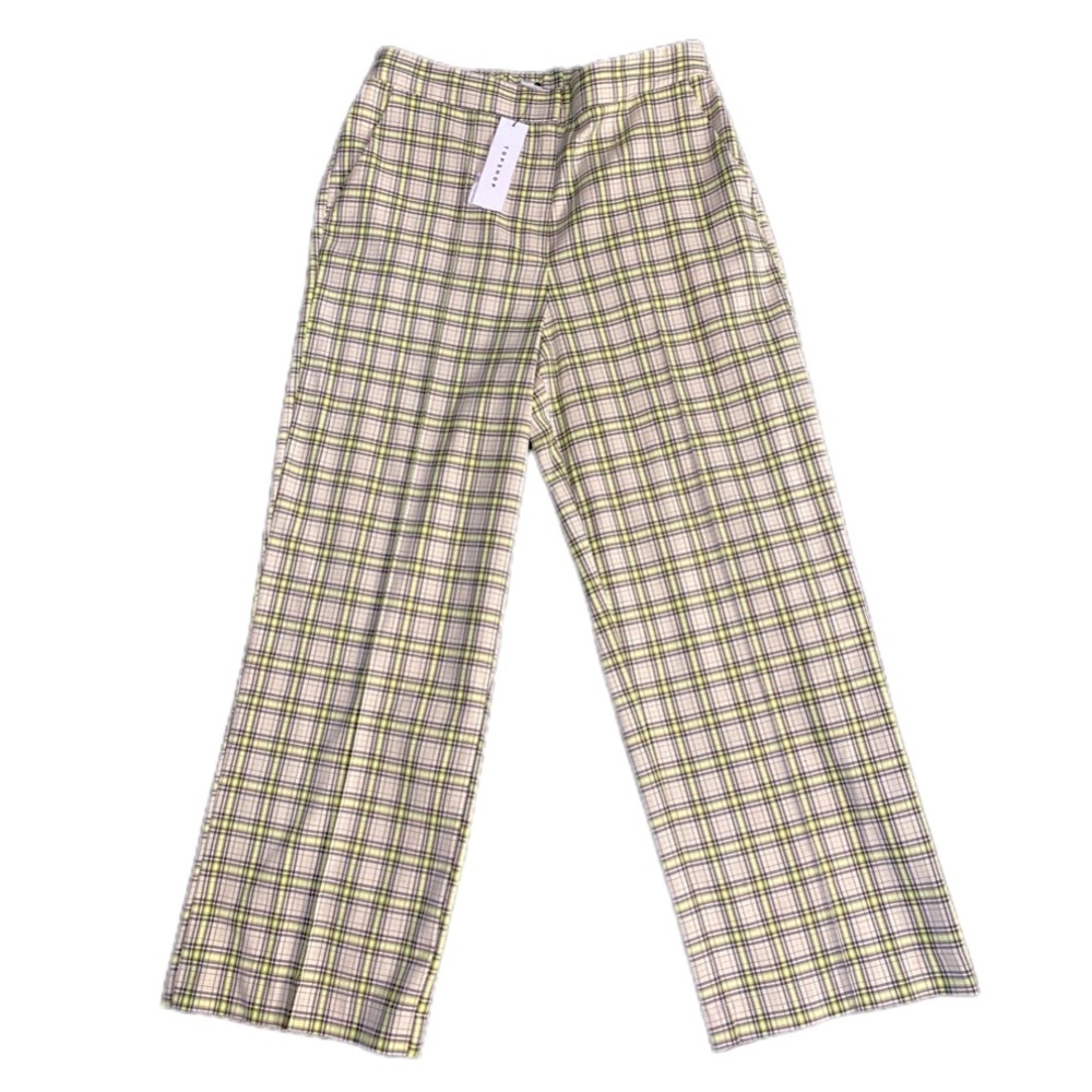 Topshop , neon green and beige plaid, wide leg trouser pants